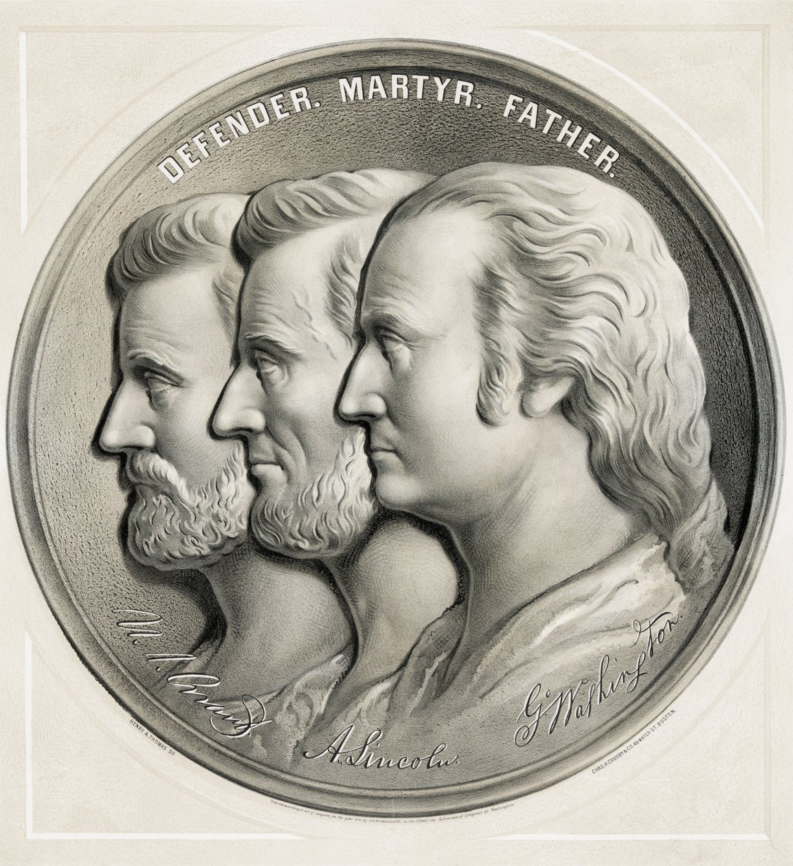 Médaillon montrant Ulysses S. Grant, Abraham Lincoln et George Washington comme Défenseur, Martyr et Père, 1870 - American School