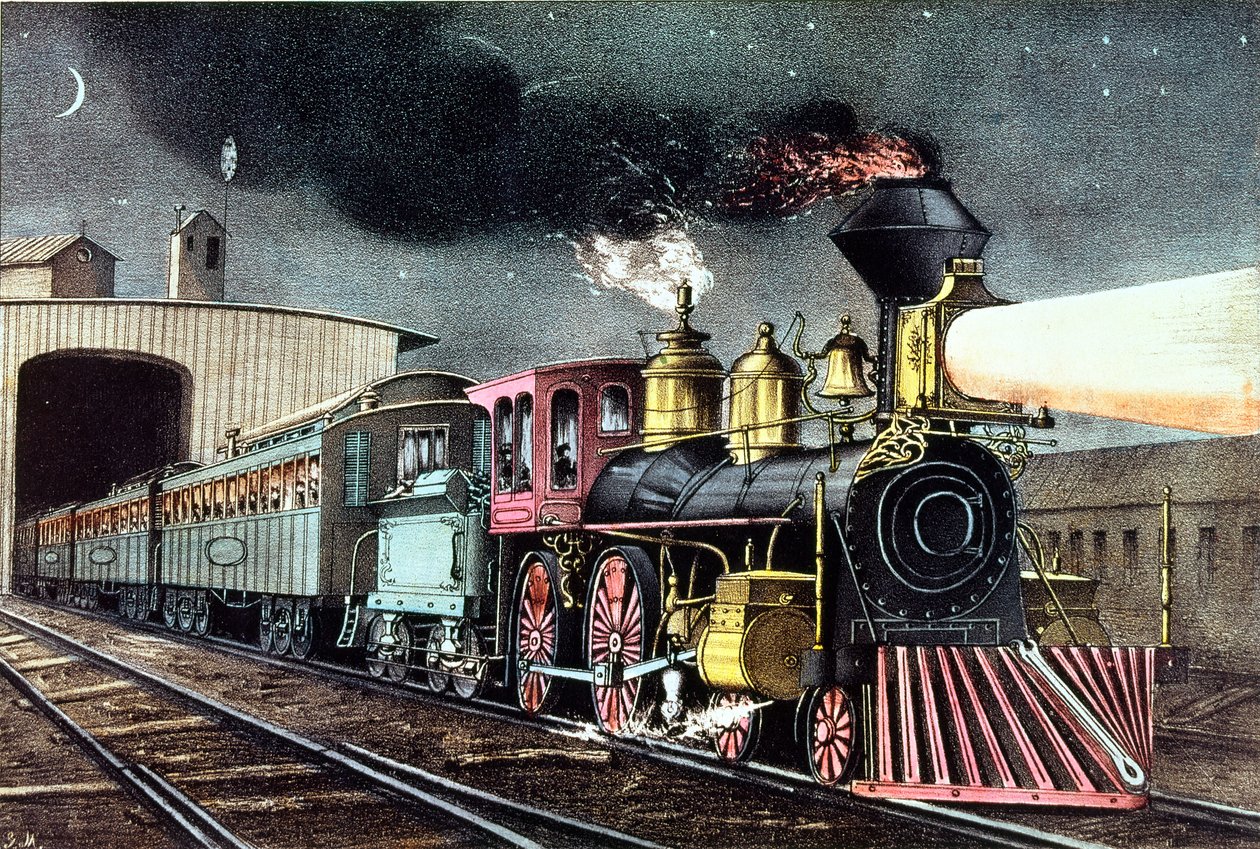 Le train de nuit : Le départ, publié par Nathaniel Currier (1813-88) et James Merritt Ives (1824-95) - American School