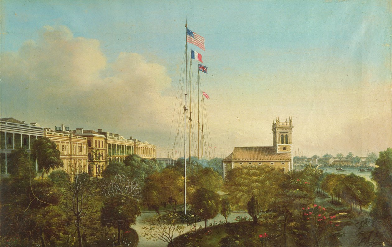Usines à Canton, Chine, vers 1850 - American School