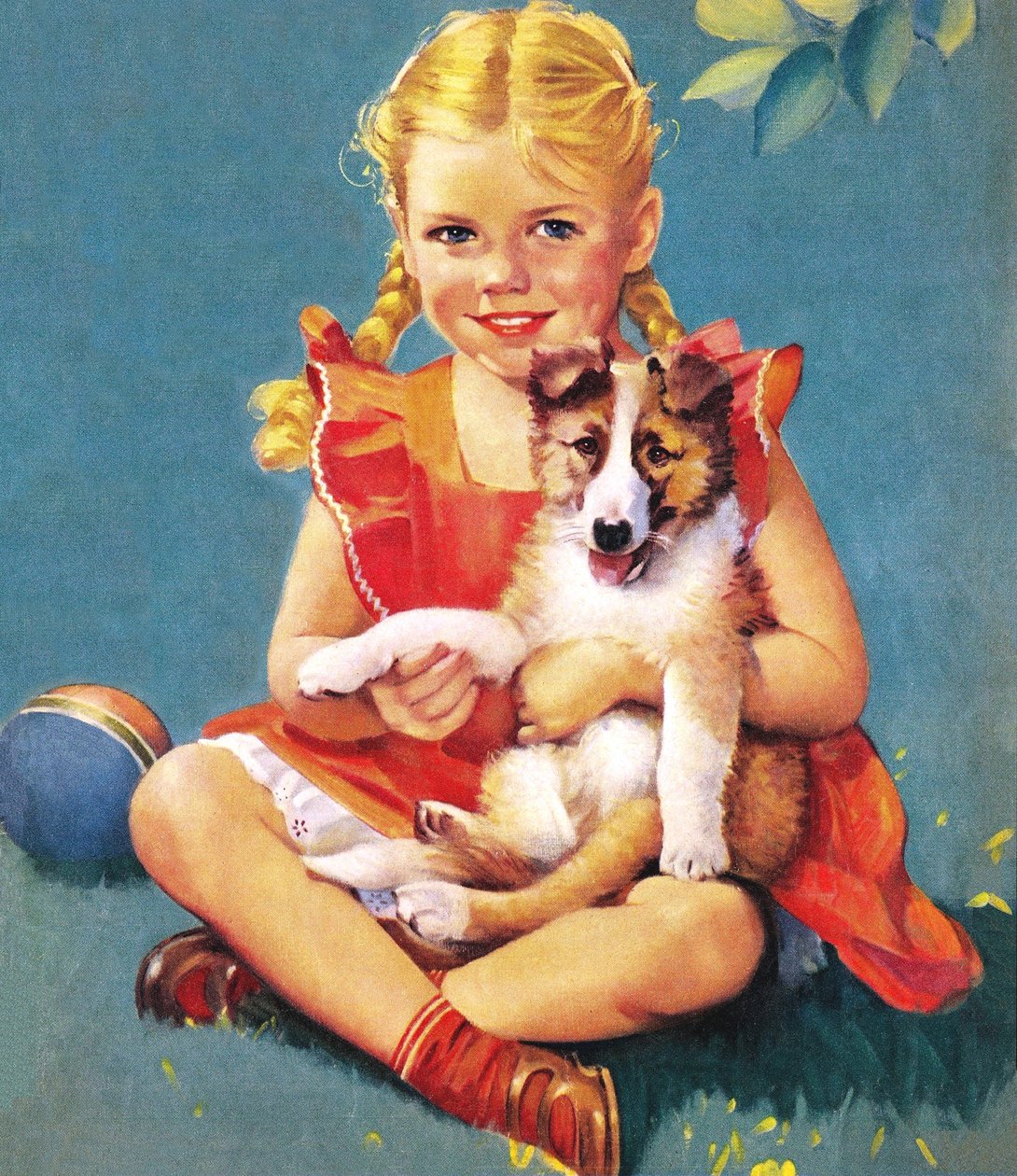 Fille tenant un chiot Collie - American School