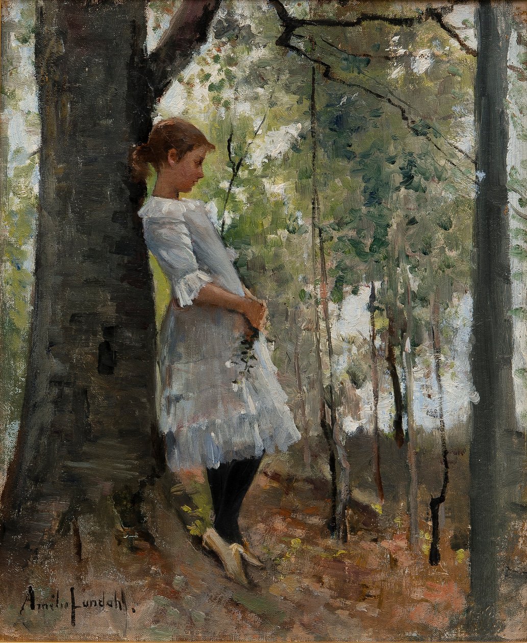 Fille dans une forêt de feuilles - Amélie Lundahl