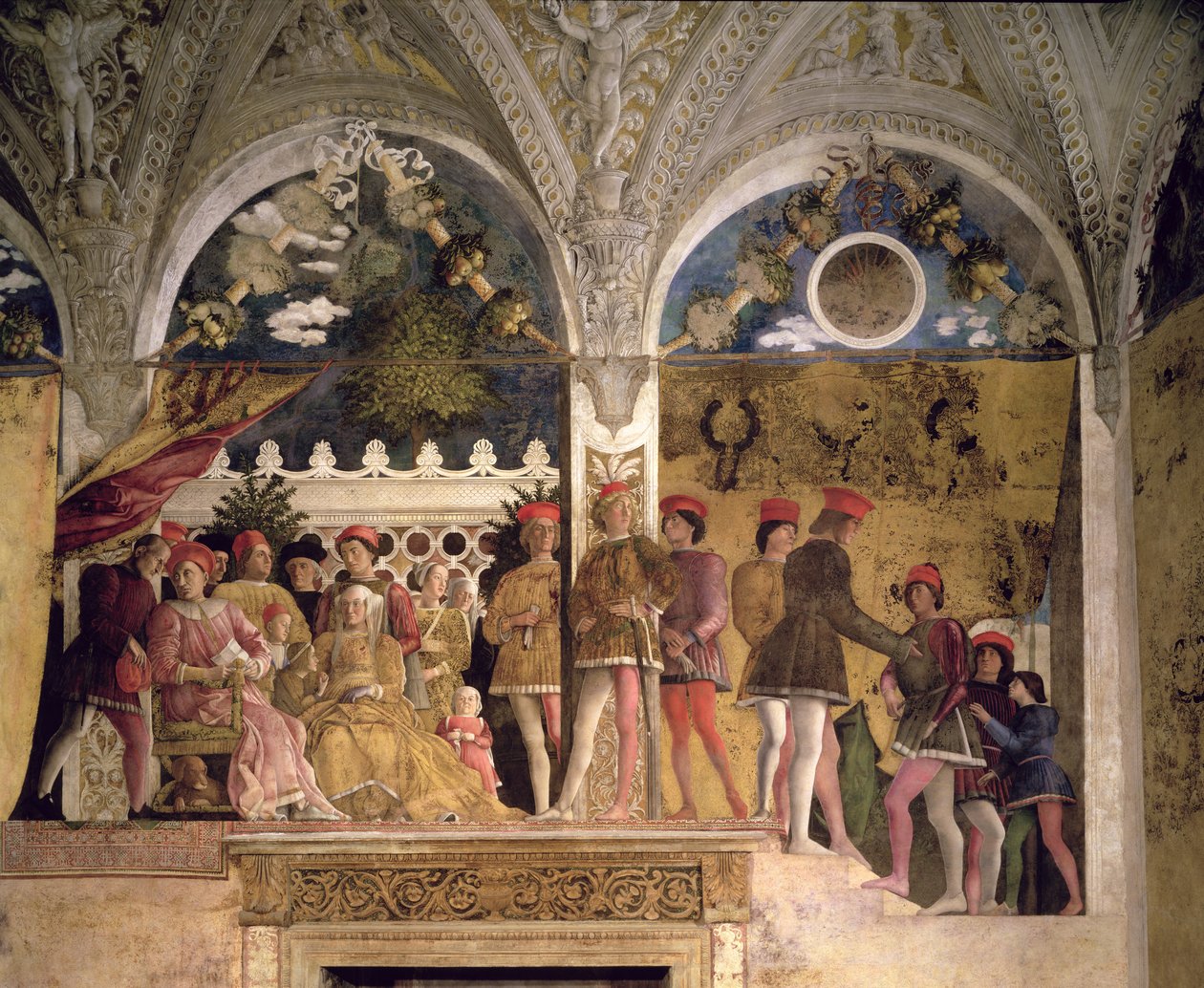 Marchese Ludovico Gonzaga III de Mantoue (règne 1444-78), sa femme Barbara de Brandebourg, enfants, courtisans et leur chien Rubino, de la Camera degli Sposi ou Camera Picta, 1465-74 (détail) - Andrea Mantegna