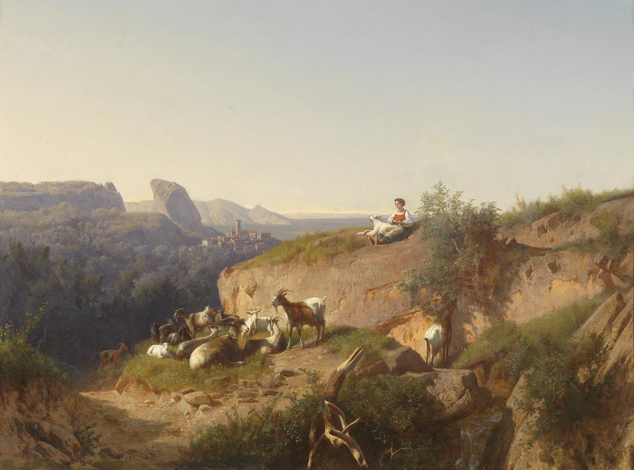 Bergère avec troupeau devant un paysage italien - Andreas Marko