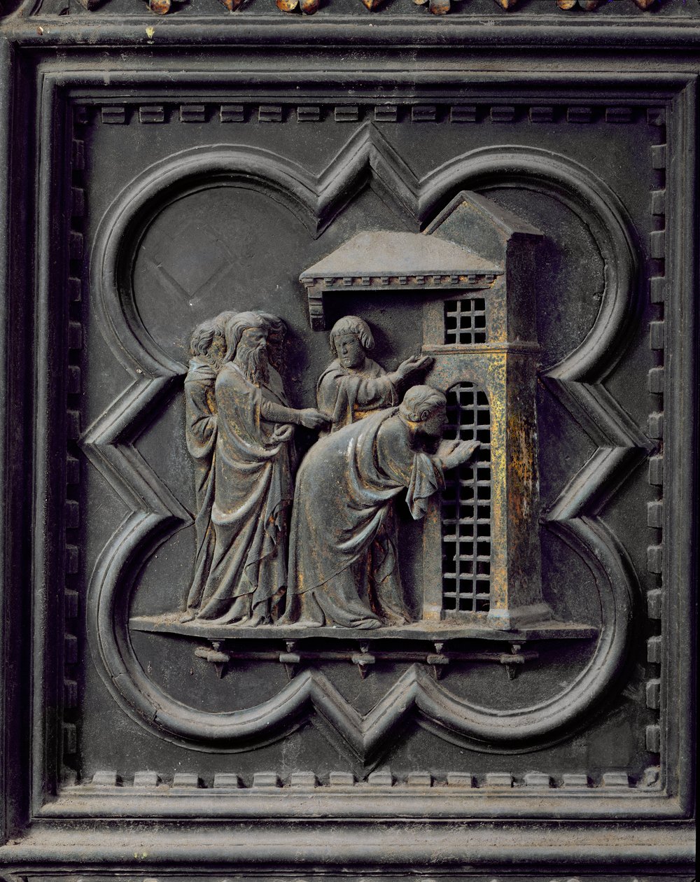 Les disciples visitent Saint Jean-Baptiste, treizième panneau des portes sud du baptistère de San Giovanni, 1336 (bronze) - Andrea Pisano