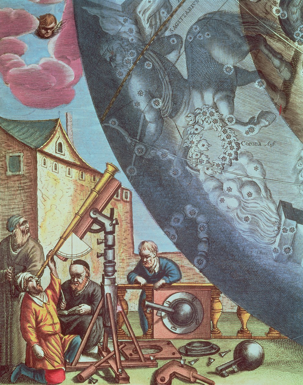 Astronomes regardant à travers un télescope, détail - Andreas Cellarius