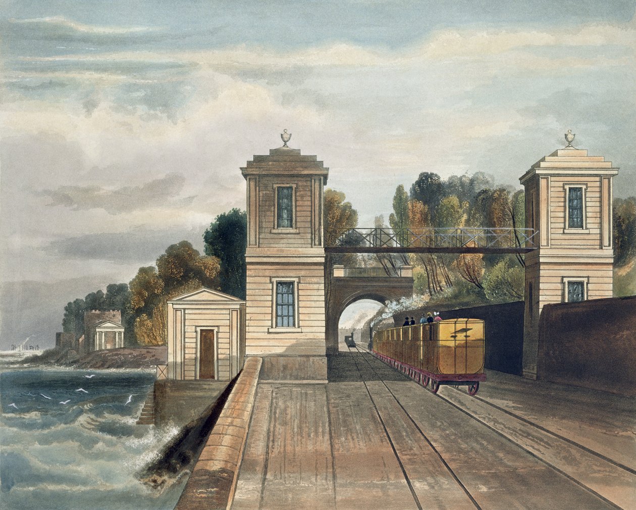 Chemin de fer de Dublin et Kingstown : Pavillons en granit et entrée du tunnel au domaine de Lord Cloncurry à Maratimo près de Blackrock, port de Kingstown au loin, gravé par S.G. Hughes, 1834 - Andrew Nicholl