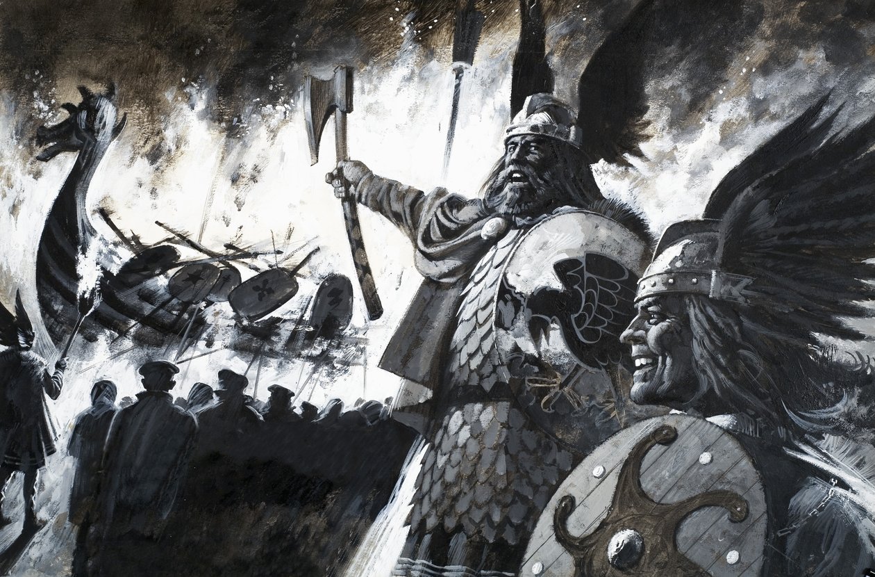 Scène viking non identifiée avec un drakkar en flammes - Andrew Howat