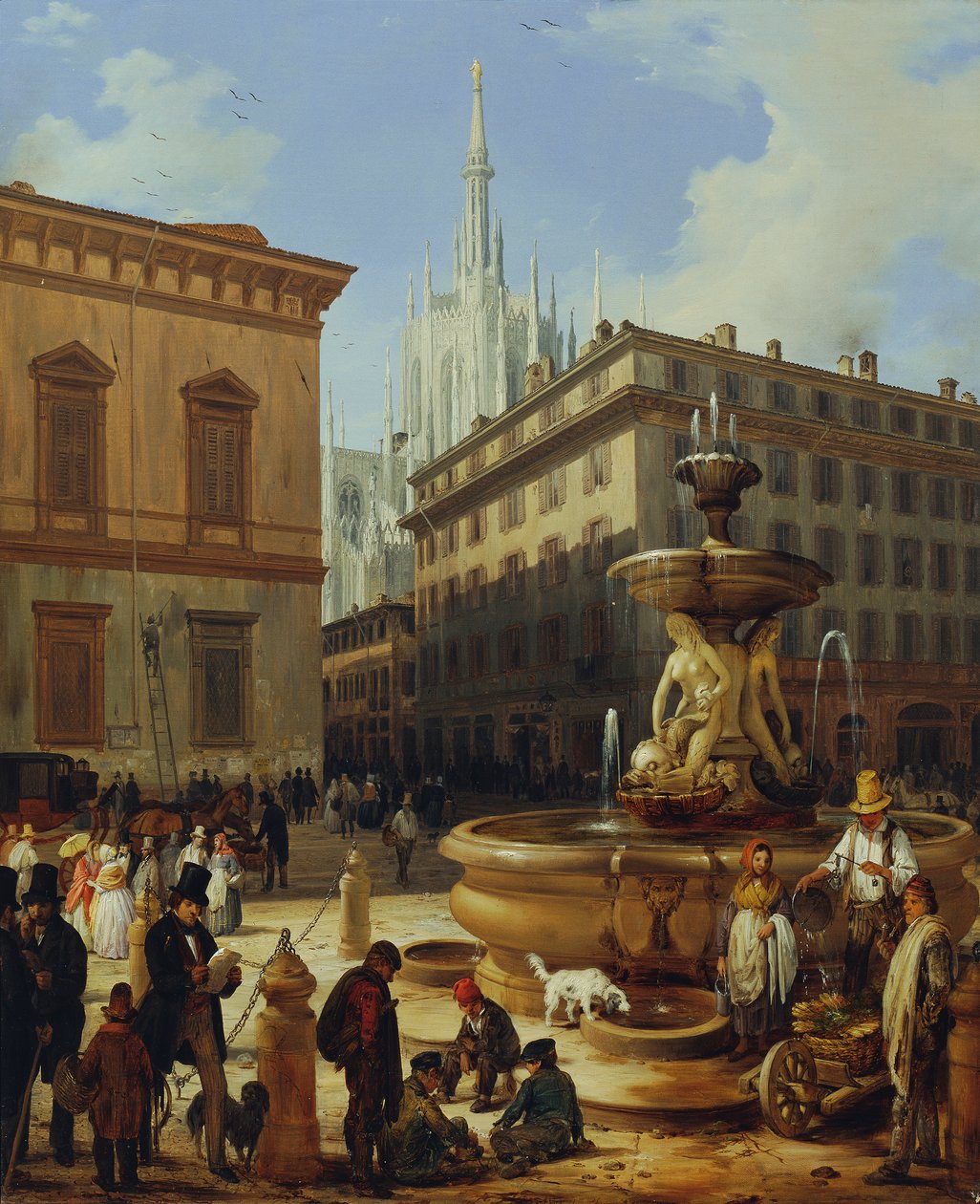 Vue de rue à Milan, avec la cathédrale en arrière-plan - Angelo Inganni