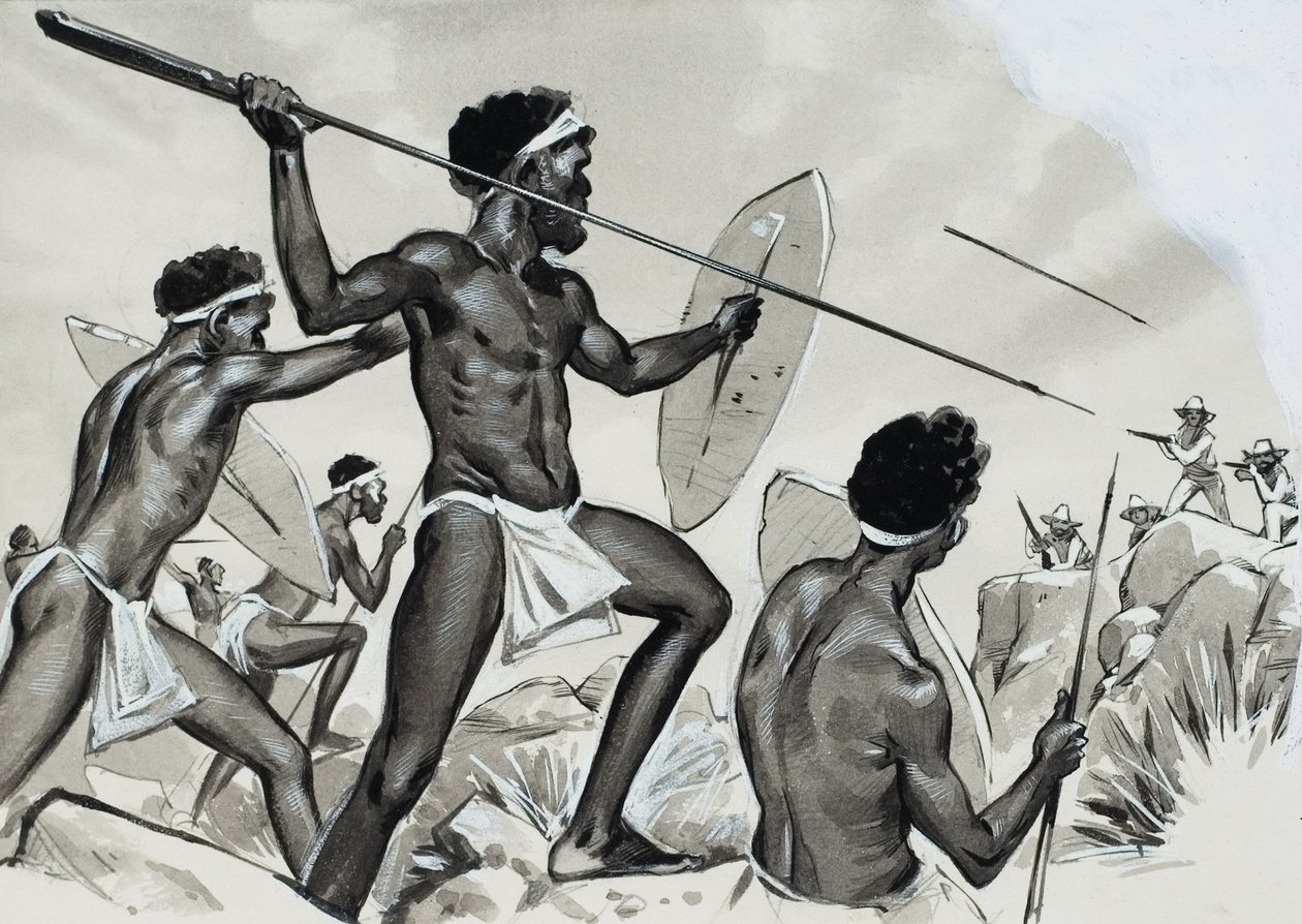 Aborigènes attaqués (gouache sur papier) - Angus McBride