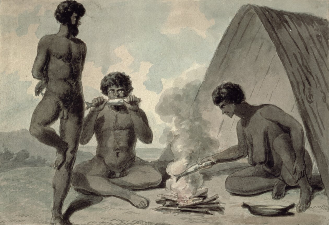 Aborigènes mangeant du poisson devant un feu de camp, probablement par Philip Gidley King (1758-1808) - Unbekannt Unbekannt
