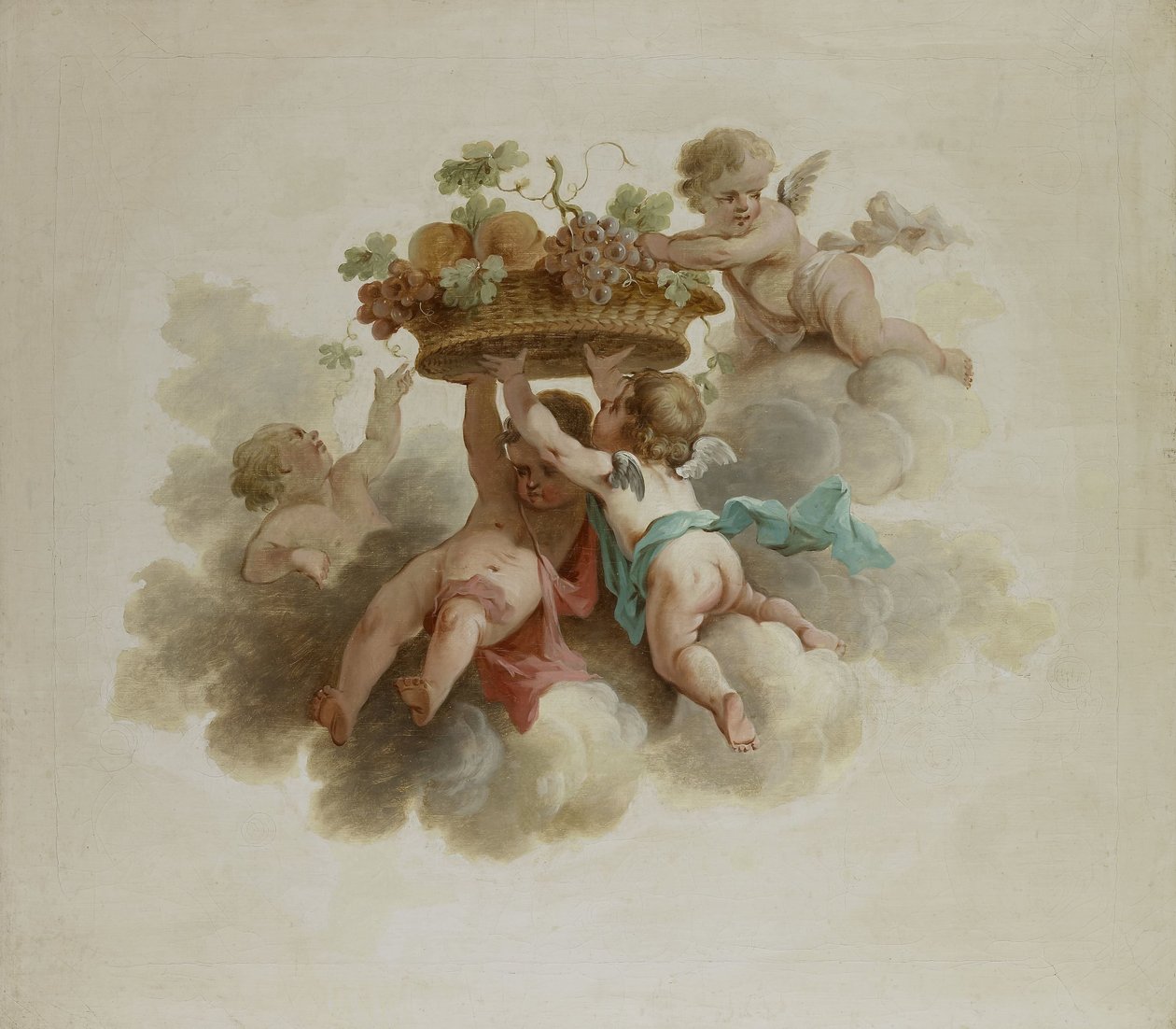 Quatre putti portant un panier de fruits - Anonymous