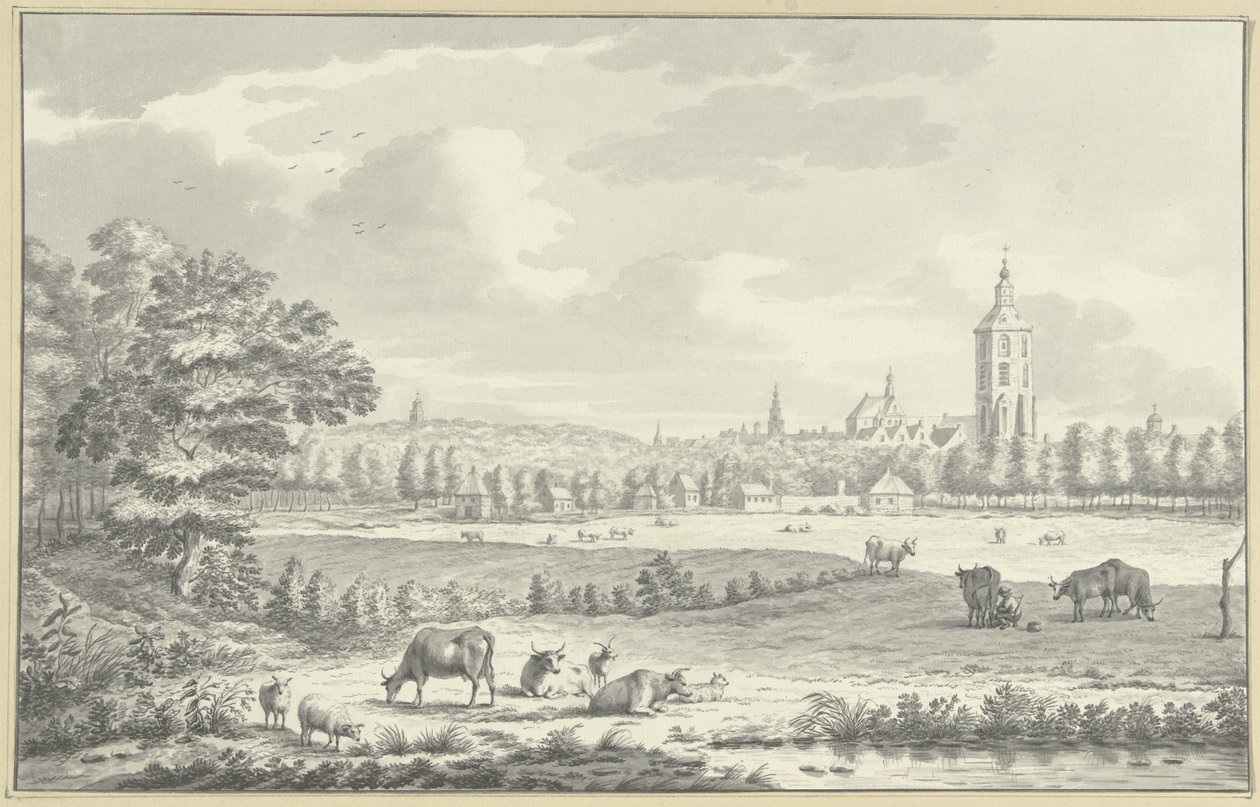 Vue sur des prairies vers une ville - Anonymous