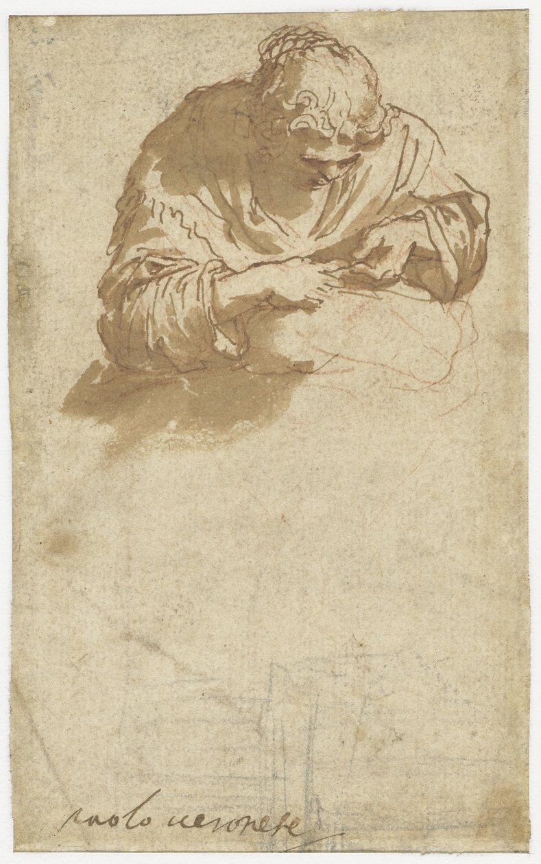 Femme travaillant (?) et griffonnages architecturaux - Anonymous