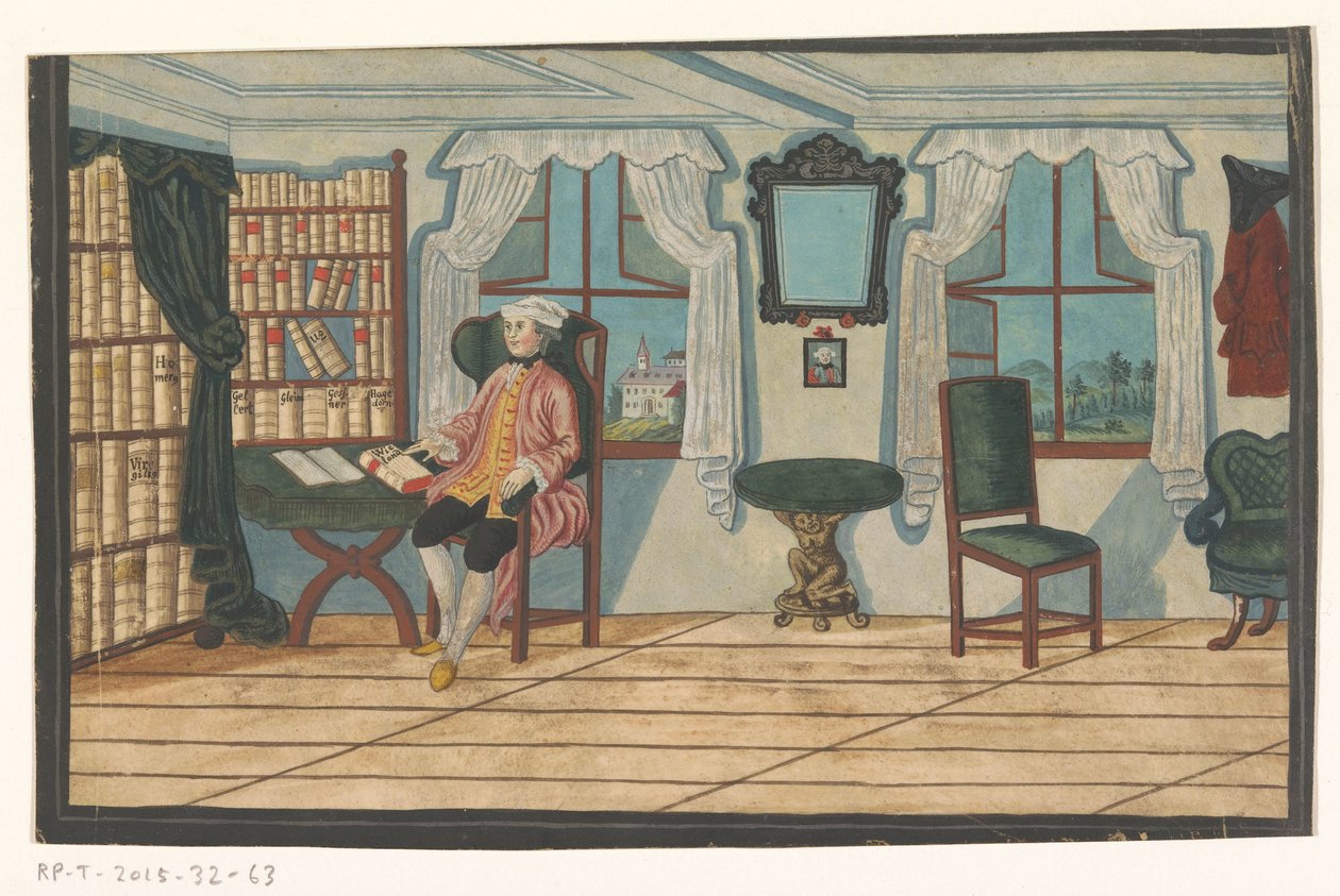 Intérieur avec un homme devant une bibliothèque - Anonymous