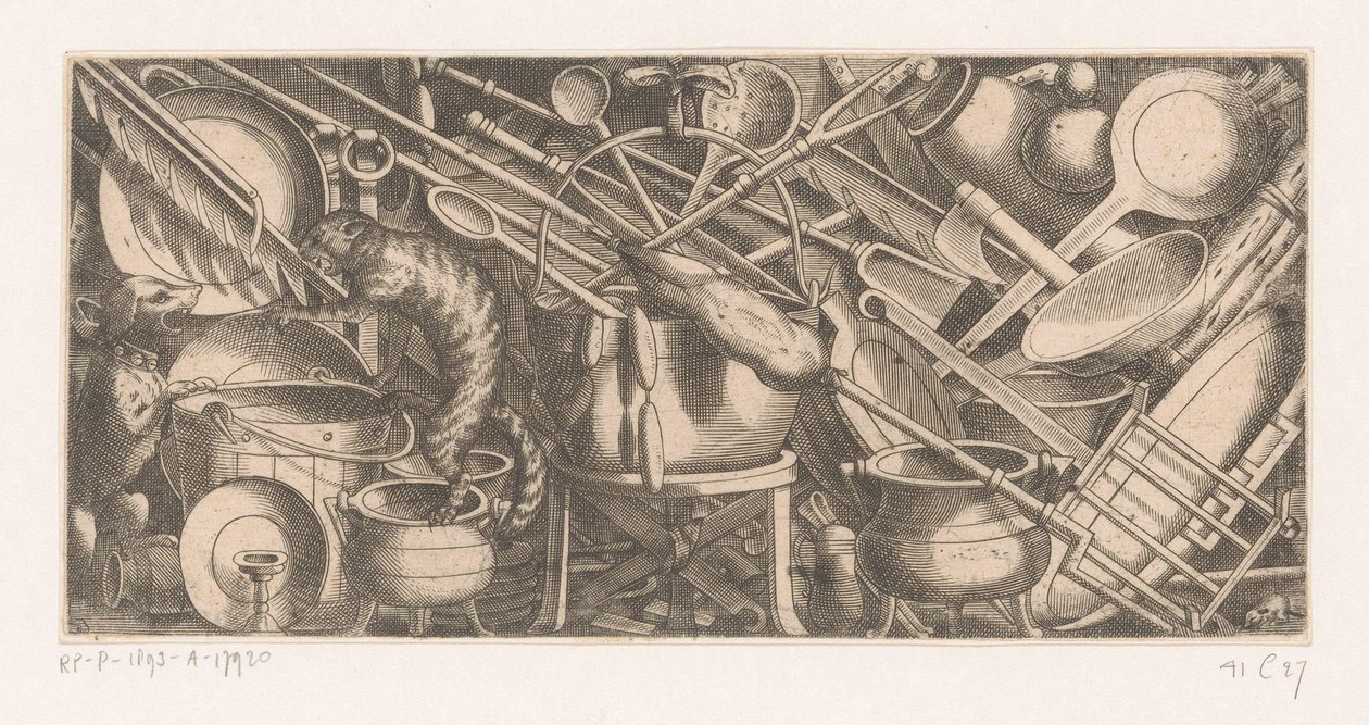 Scène de cuisine avec un chat et un chien se battant - Anonymous