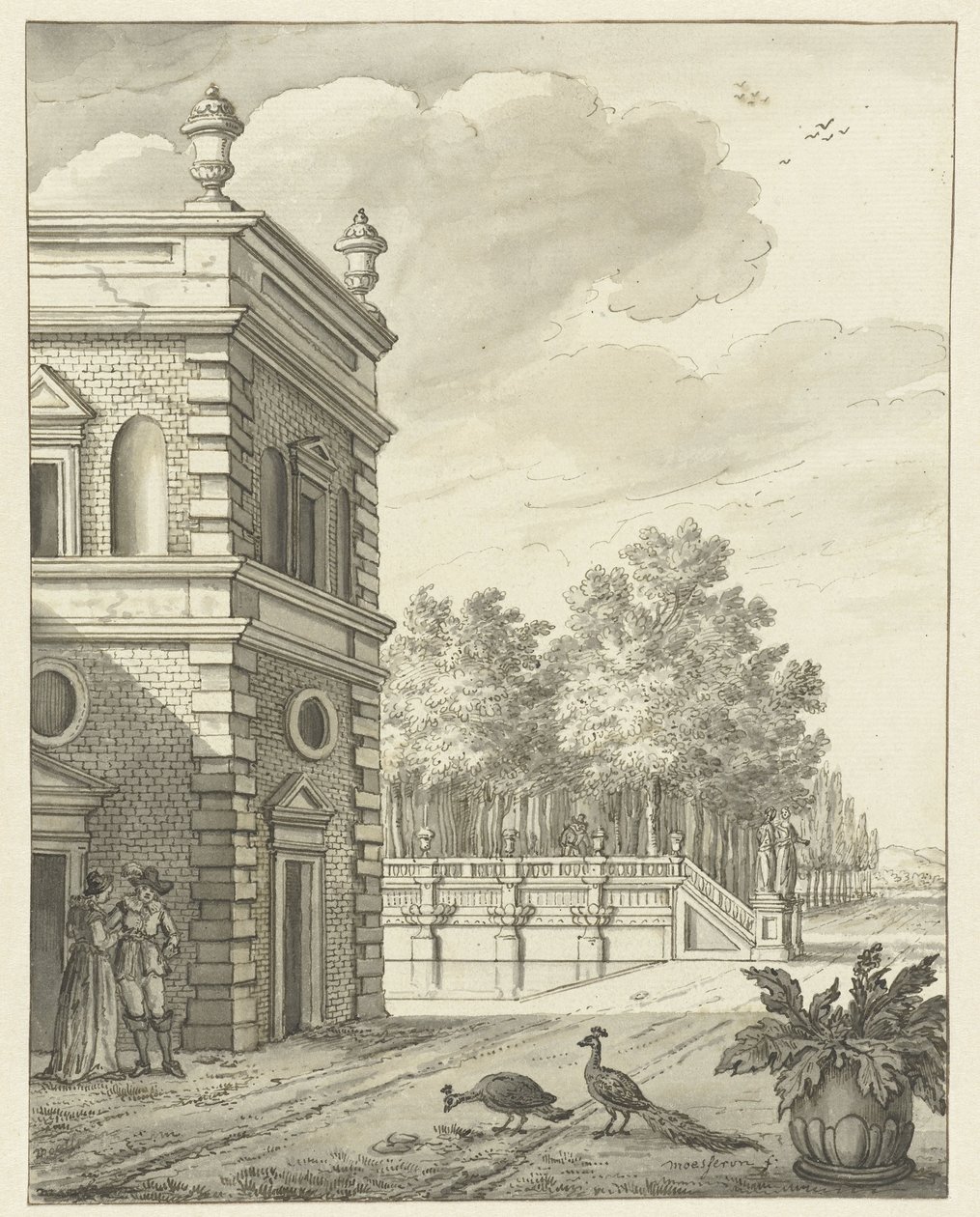 Manoir avec étang et deux paons - Anonymous