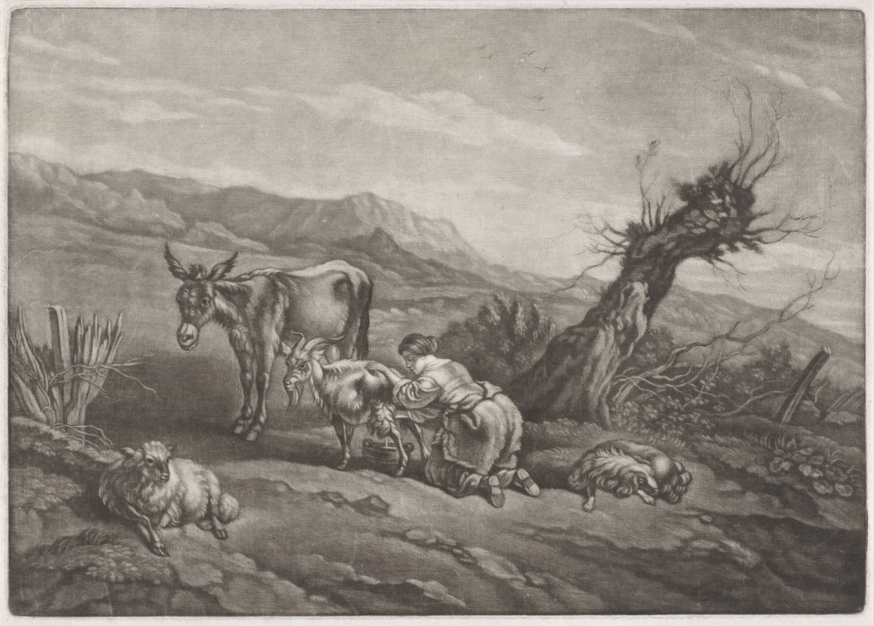 Paysage avec une bergère trayant une chèvre - Anonymous
