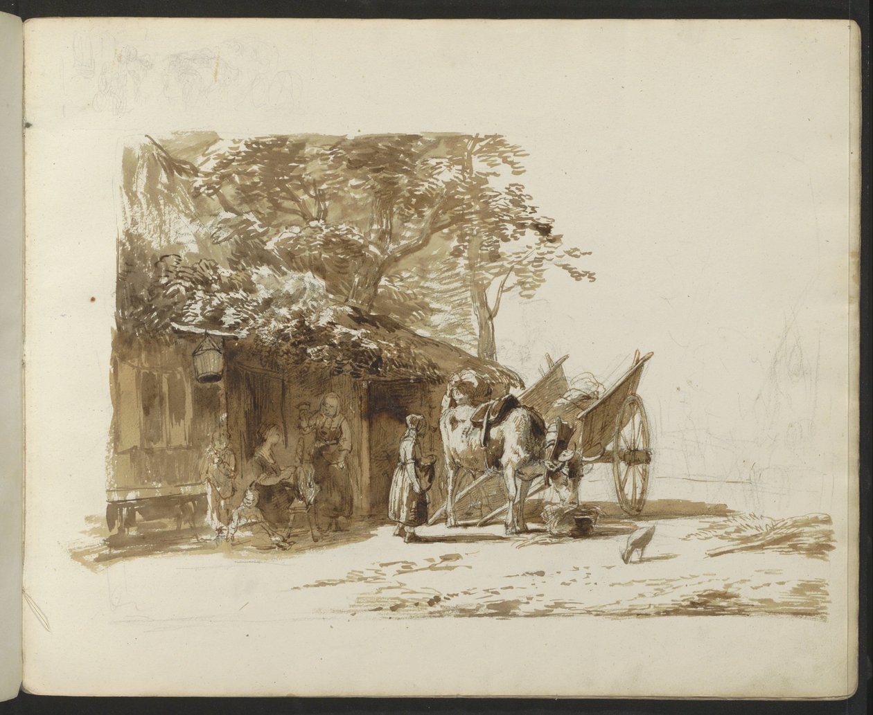 Chariot à bœufs et personnages dans une rue de village - Anonymous
