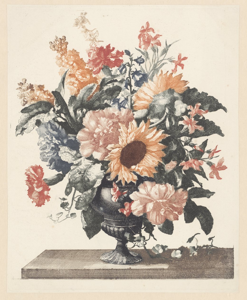 Vase en pierre avec tournesols et œillets - Anonymous