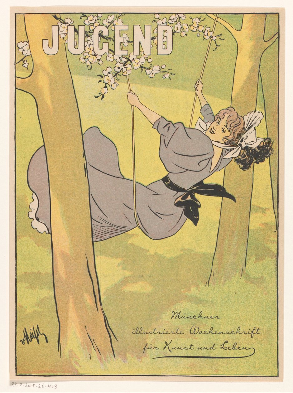 Femme sur une balançoire entre deux arbres - Anonymous
