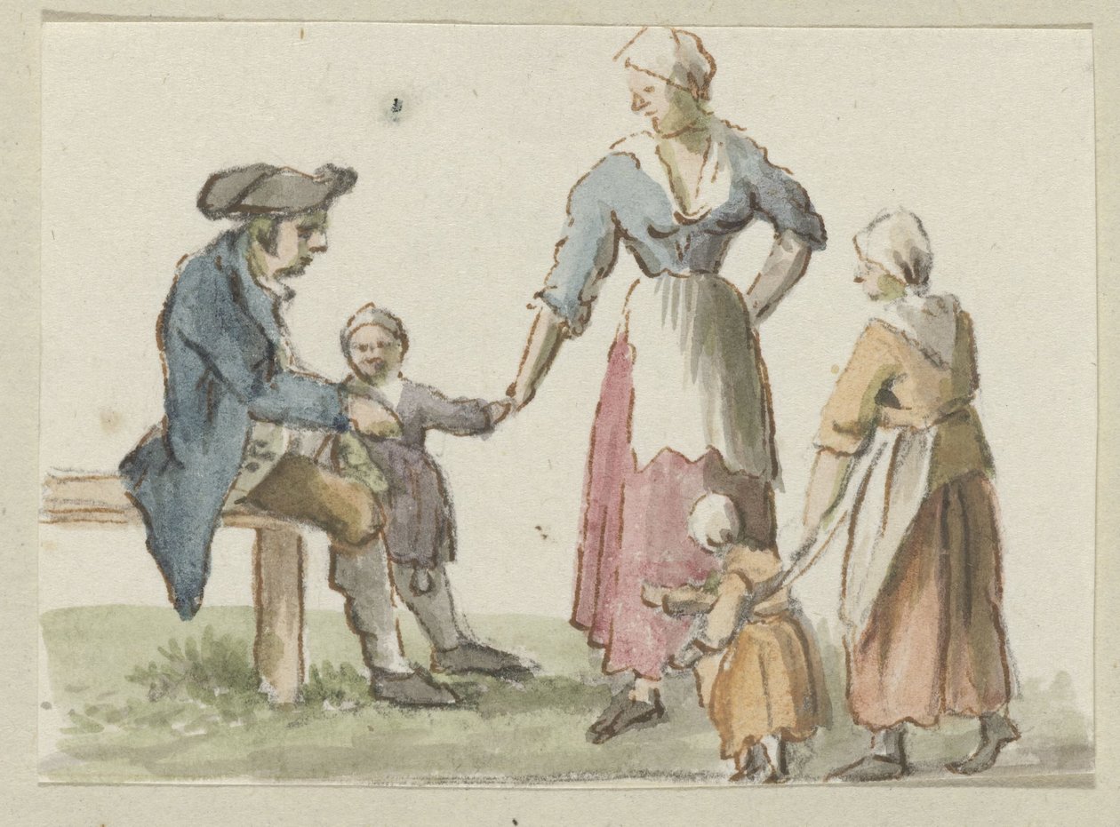 Homme assis et femme debout avec trois enfants - Anonymous