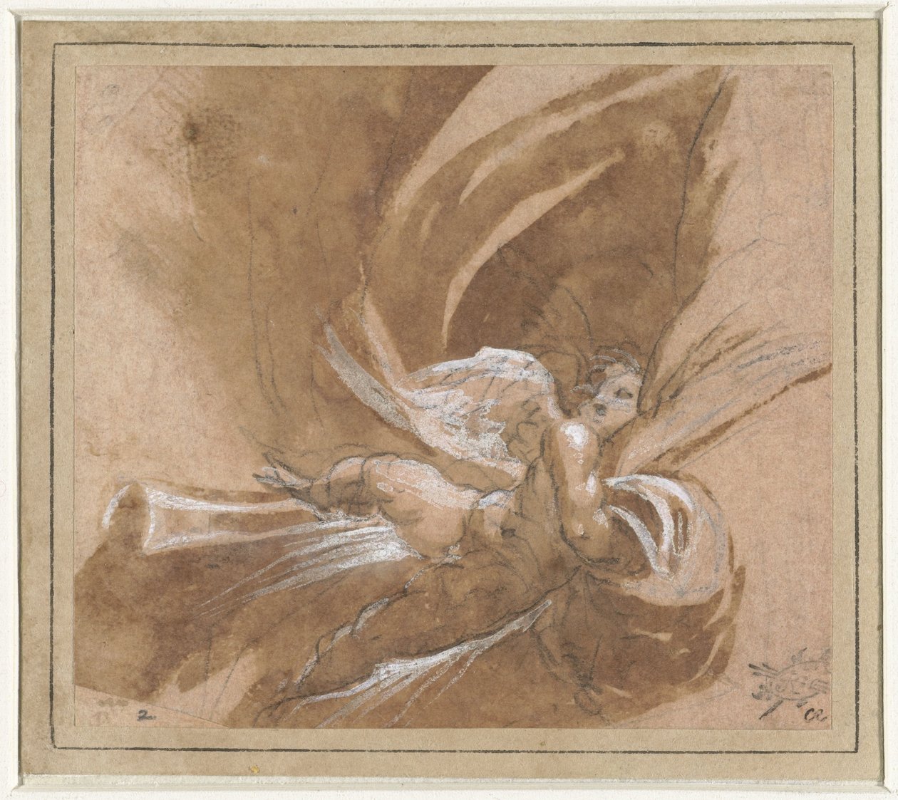 Putto flottant soulevant un rideau - Anonymous