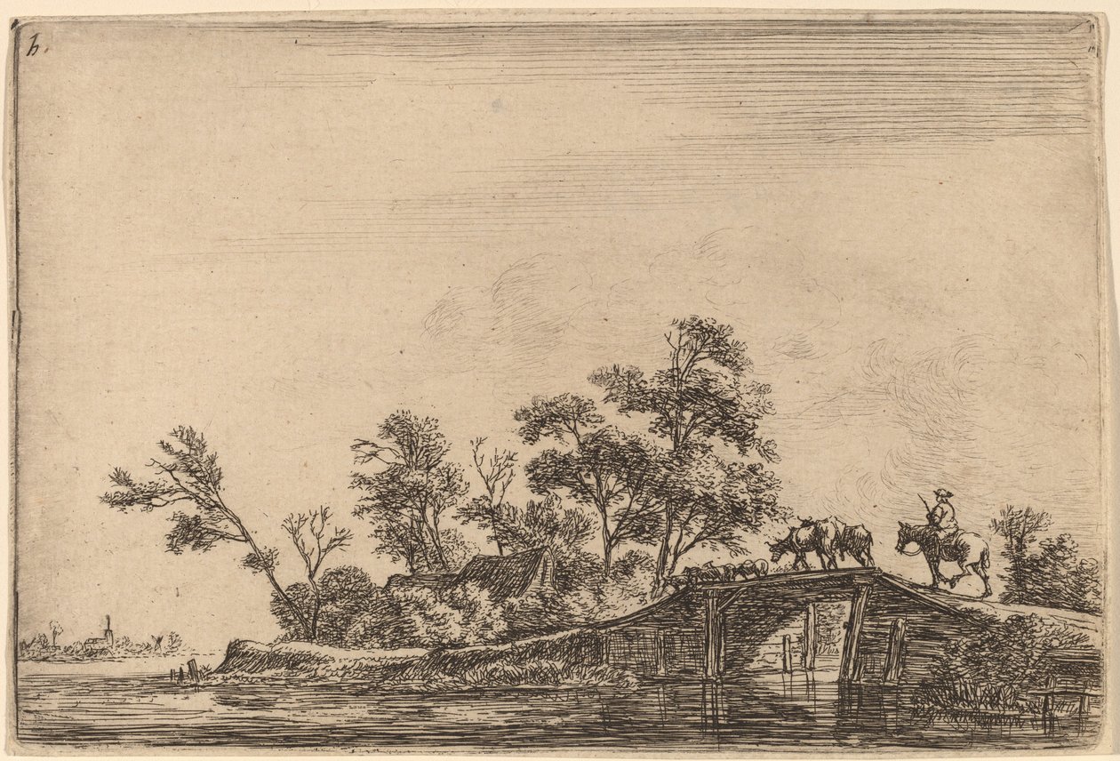 Cavalier et troupeau sur un pont - Anthonie Waterloo
