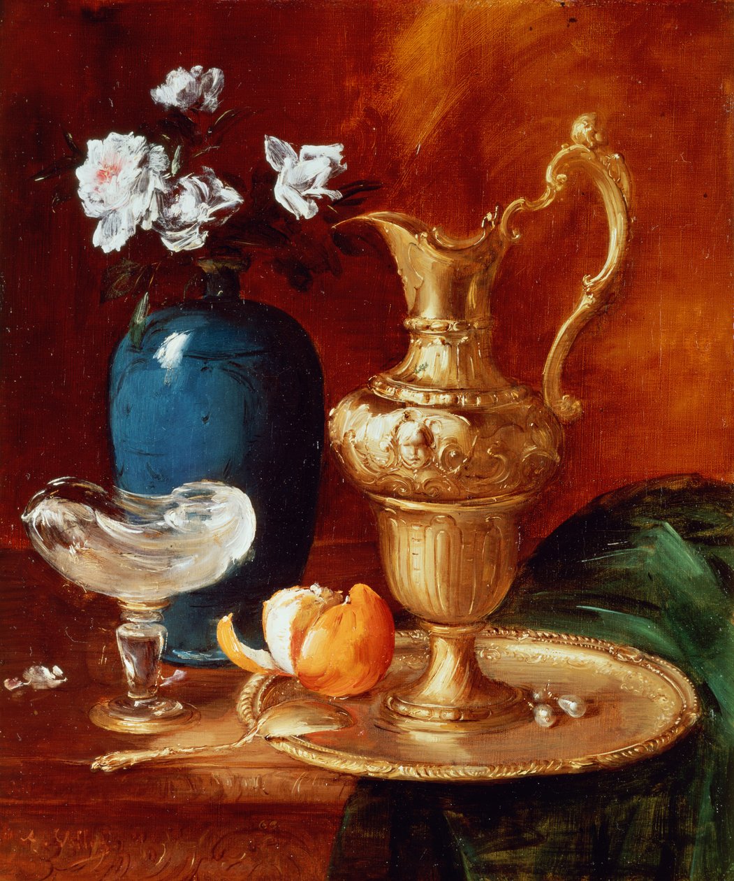 Nature morte avec un aiguière dorée, un vase de fleurs et un bol facon de Venise - Antoine Vollon