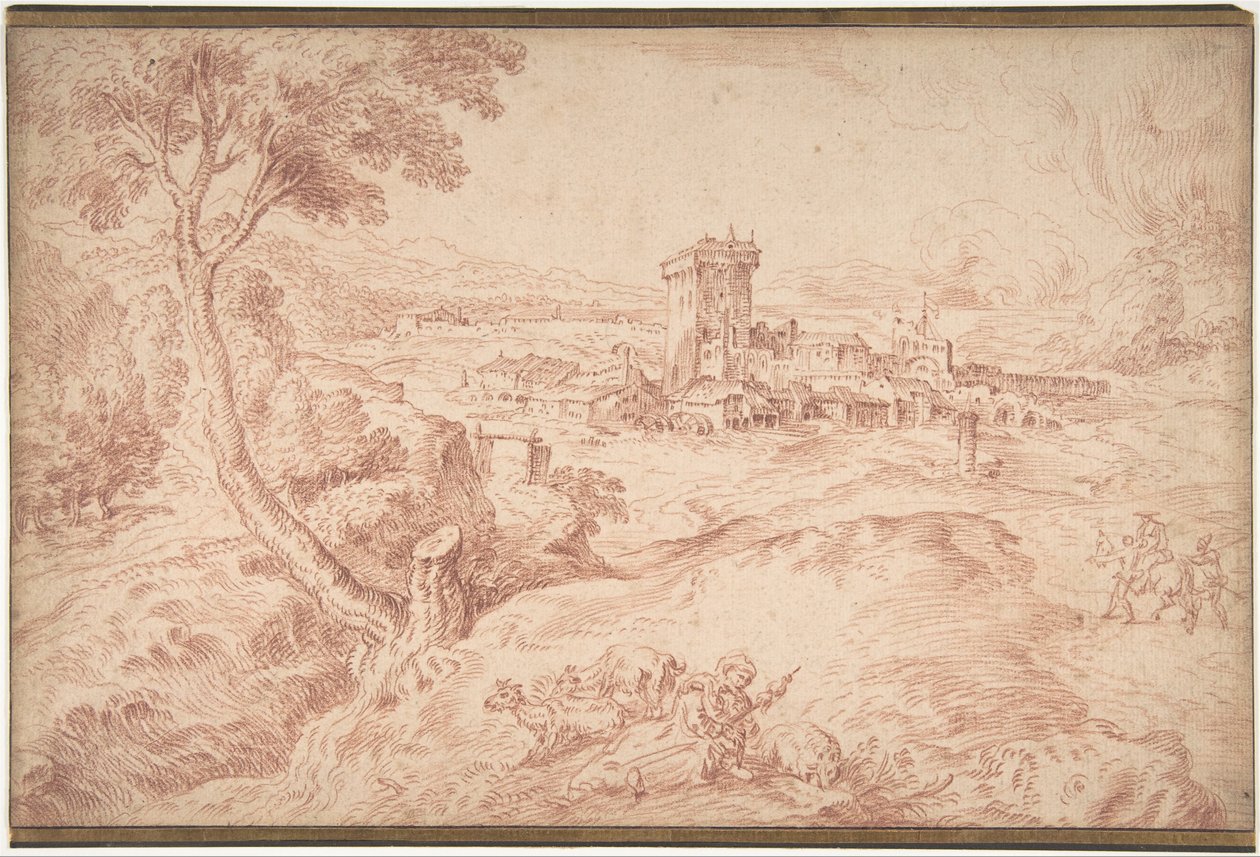 Paysage avec une vieille femme tenant un fuseau - Jean Antoine Watteau
