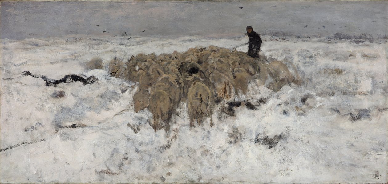 Troupeau de moutons avec berger dans la neige - Anton Mauve