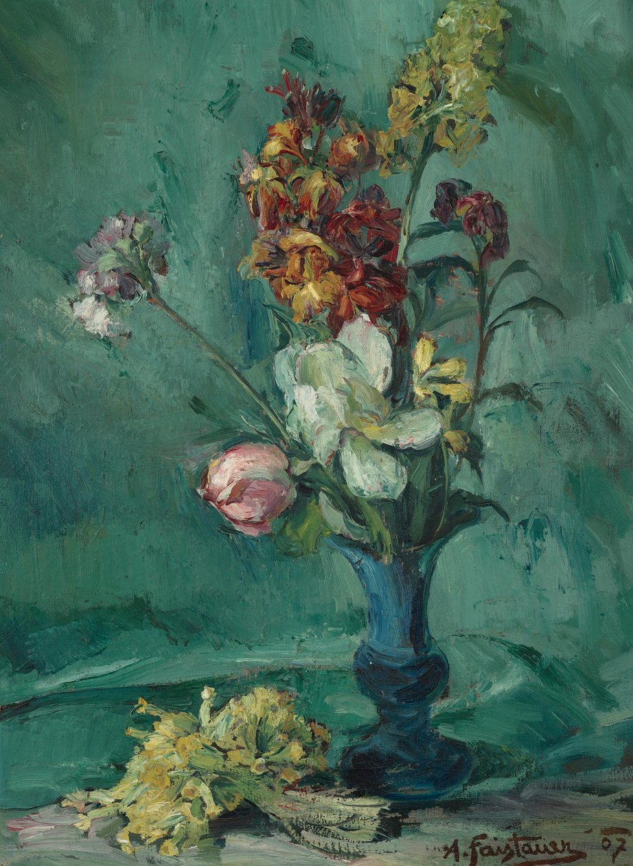 Fleurs dans un vase bleu et bouquet de primevères - Anton Faistauer