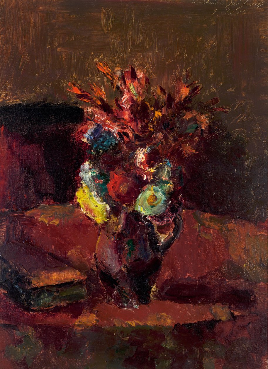 Bouquet de fleurs avec nappe rouge - Anton Faistauer