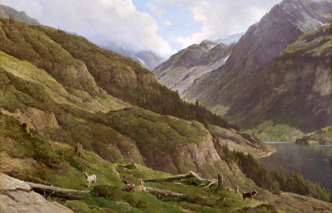 French : Paysage de montagne avec des chèvres en train de paître - Anton Hlavacek