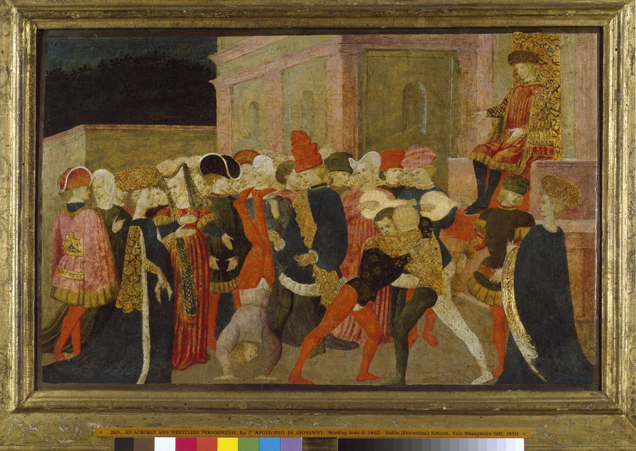 Un acrobate et des lutteurs en représentation, 15ème siècle (tempera sur panneau) - Apollonio di Giovanni di Tommaso