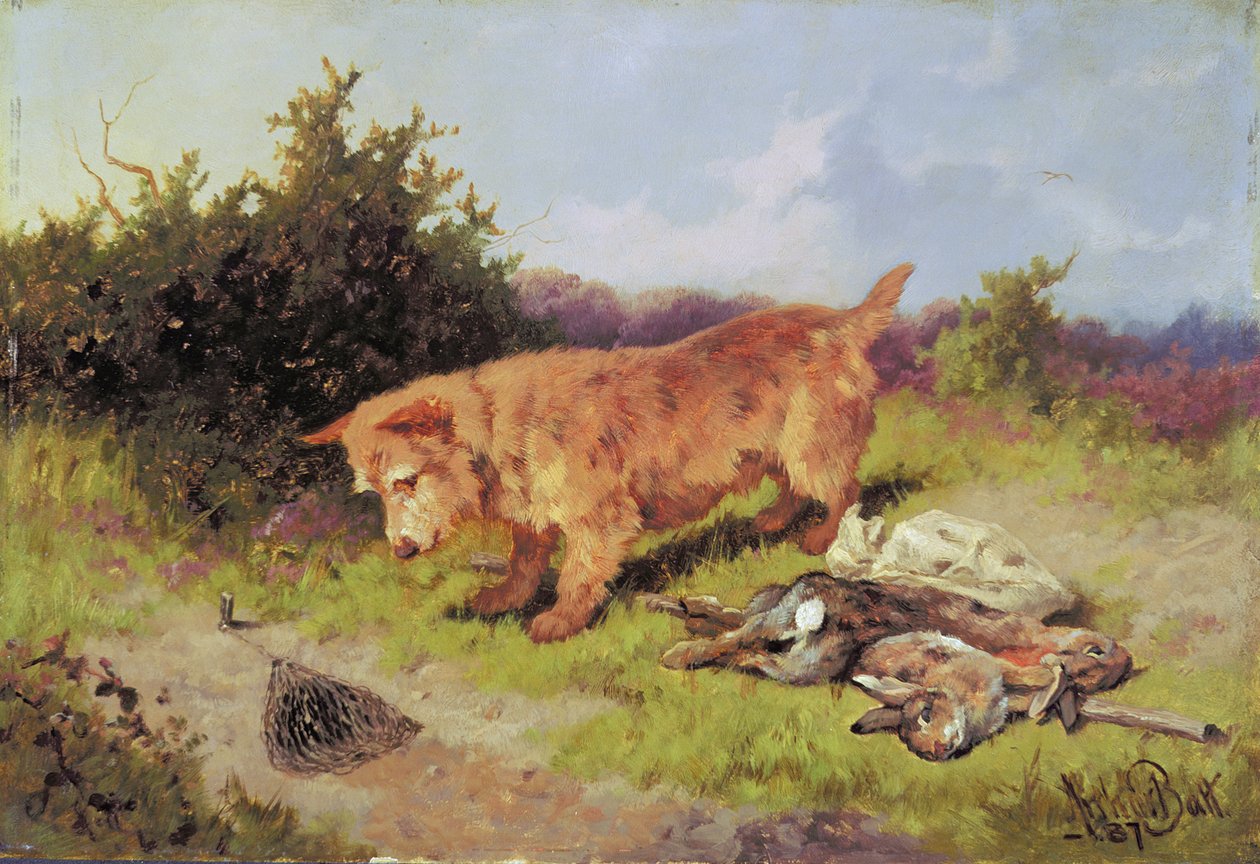 Terrier regardant un piège à lapin - Arthur Batt