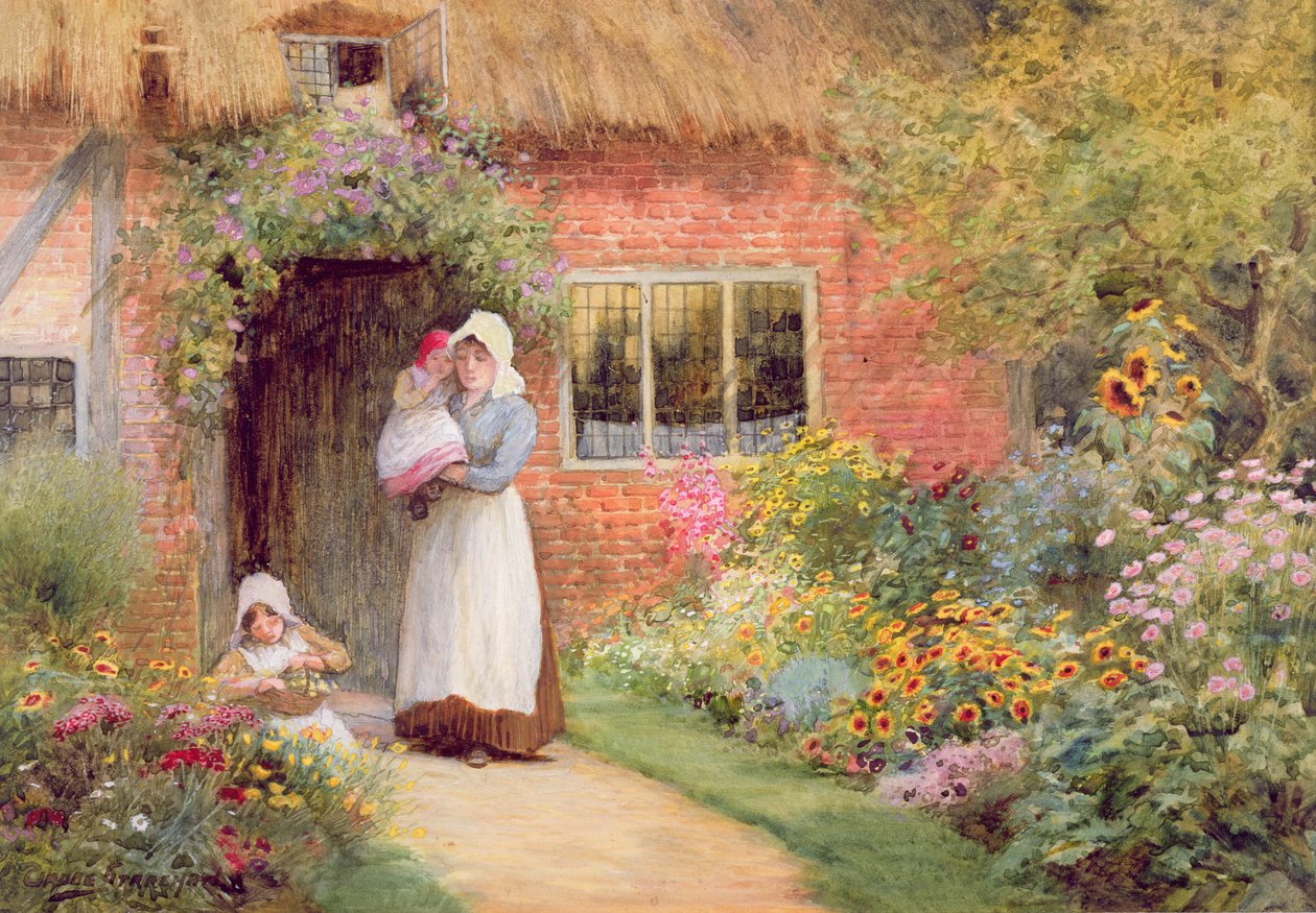 Mère et enfants devant un cottage - Arthur Claude Strachan