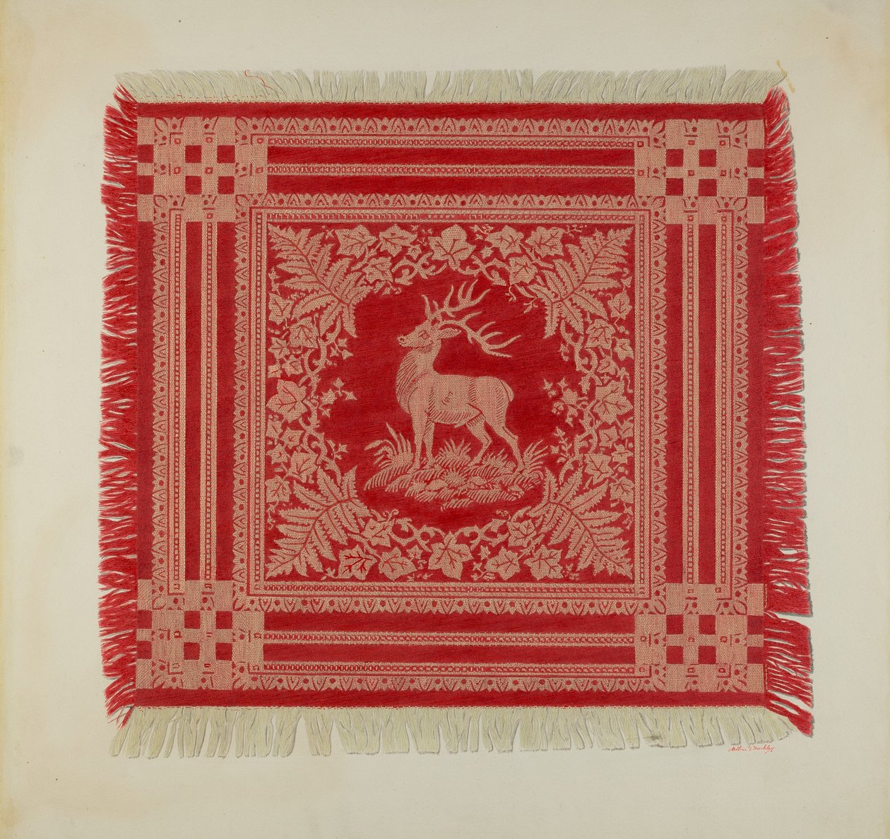 Serviette rouge et blanche (motif de cerf) - Arthur G. Merkley