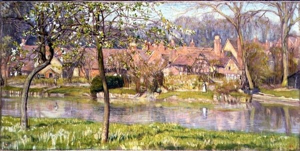 Maisons et une rivière - Arthur Joseph Gaskin