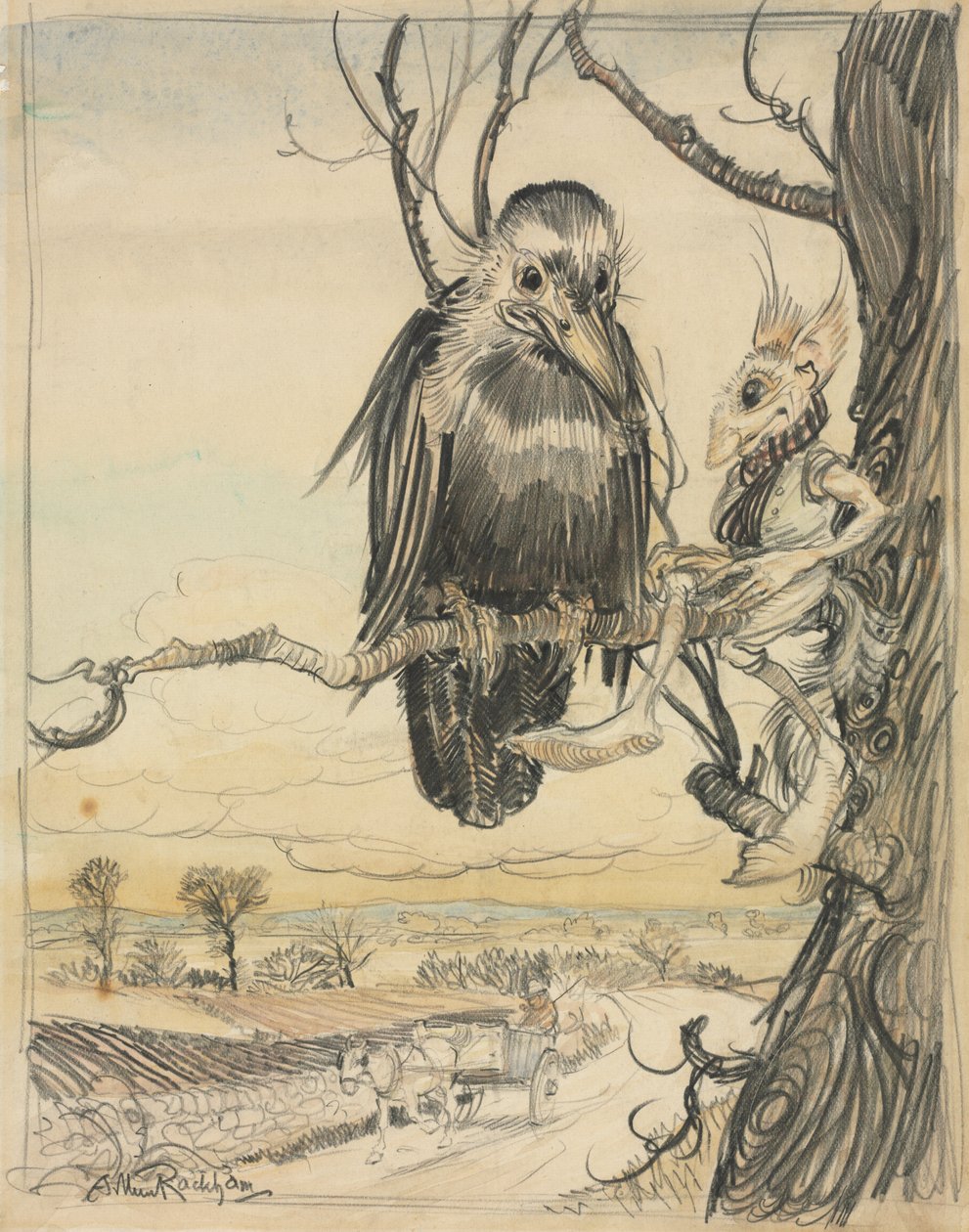 Un Écureuil et un Corbeau - Arthur Rackham