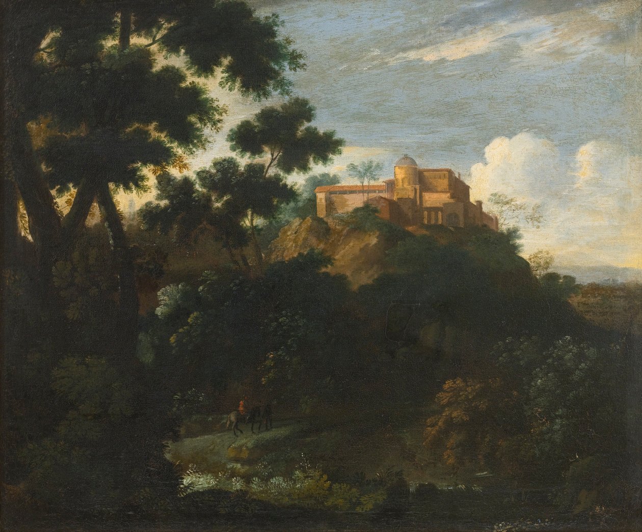 Paysage montagneux boisé avec des voyageurs sur un chemin, une villa au-delà - Jean Francois Millet