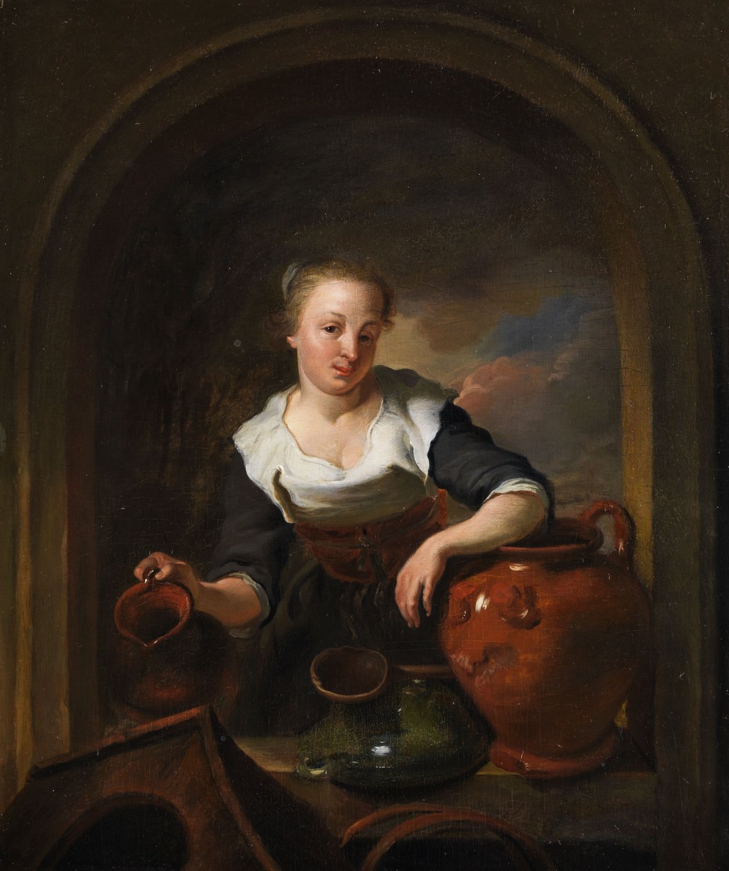 Jeune fille avec des cruches dans un cadre de fenêtre en pierre - Louis de Moni