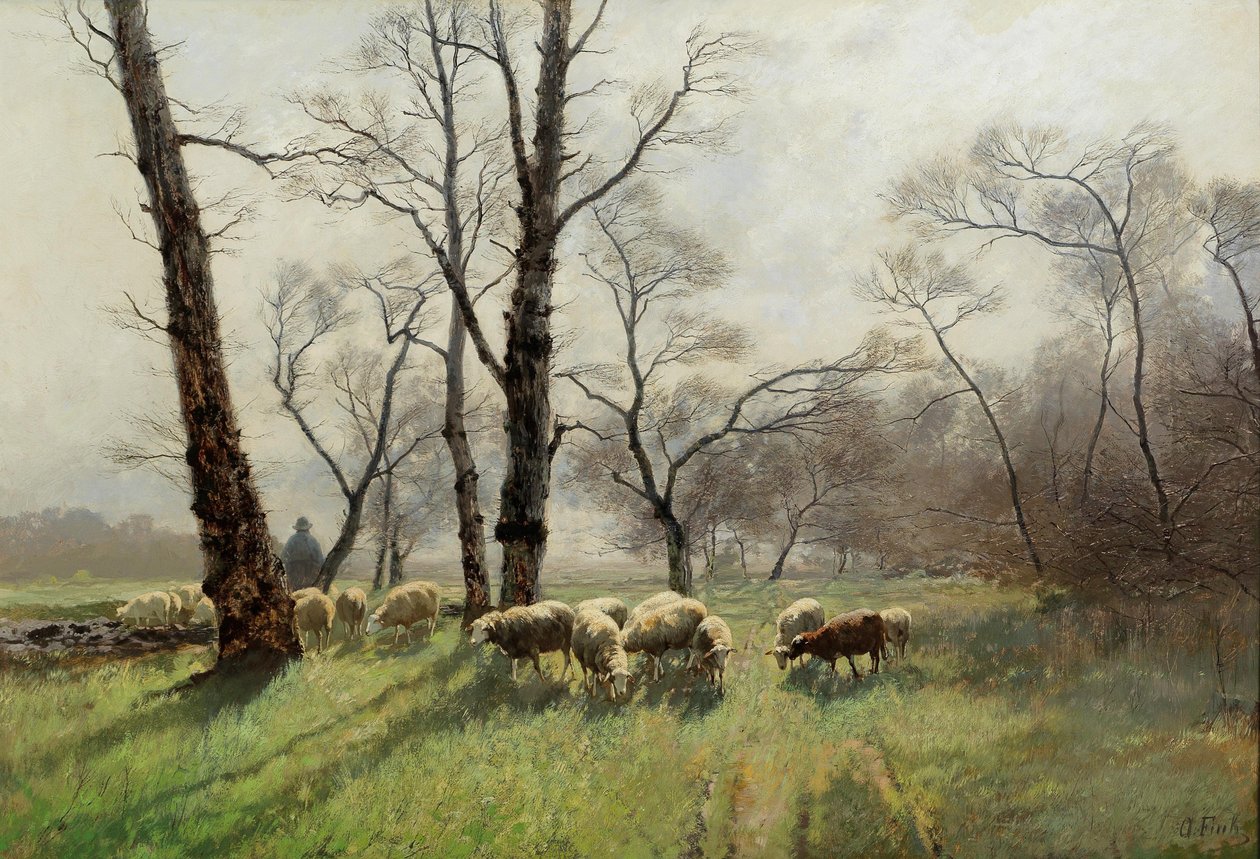 Berger avec son troupeau dans la lumière du soir - August Fink
