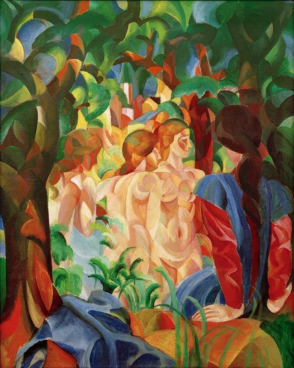 Filles se baignant avec la ville en arrière-plan - August Macke