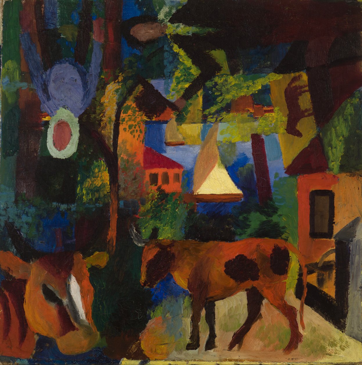 Paysage avec Vaches, Voilier et Figures Peintes - August Macke
