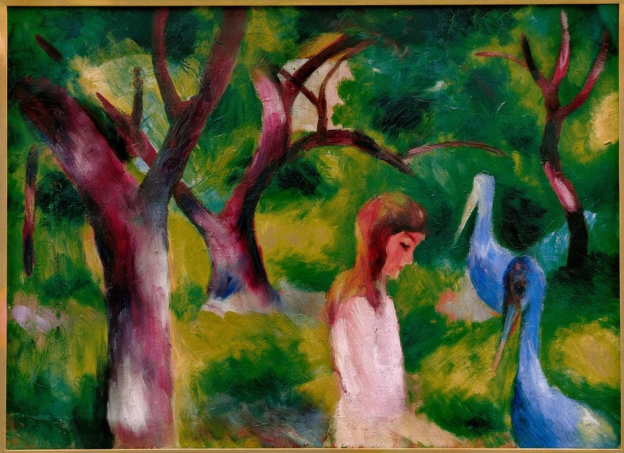Fille avec des oiseaux bleus - August Macke