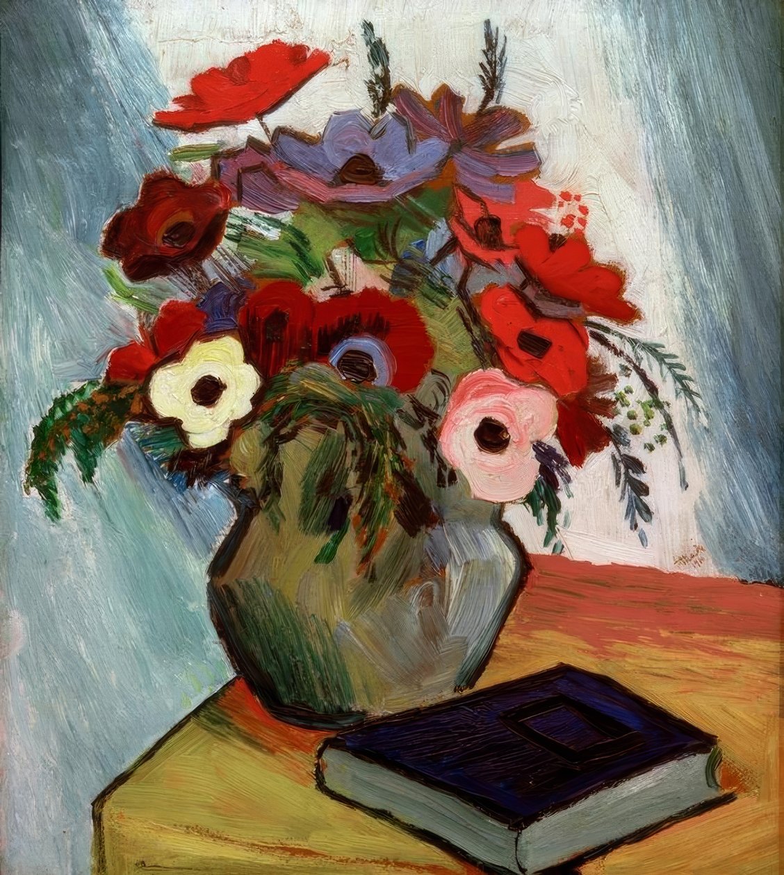 Nature morte avec anémones et livre bleu - August Macke