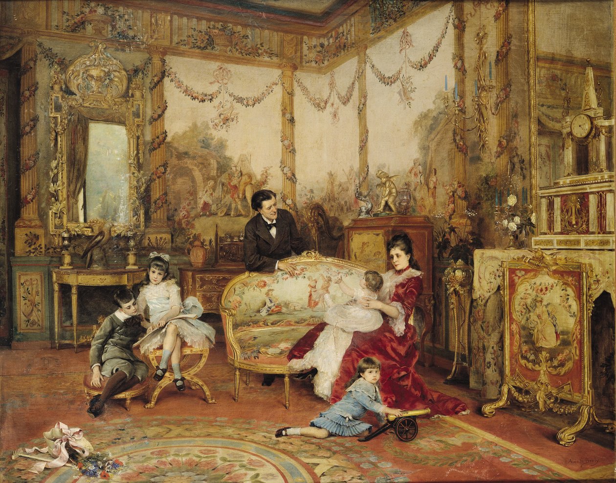 Victorien Sardou (1831-1908) et sa famille dans leur salon à Marly-le-Roi, vers 1875 - Auguste de la Brely