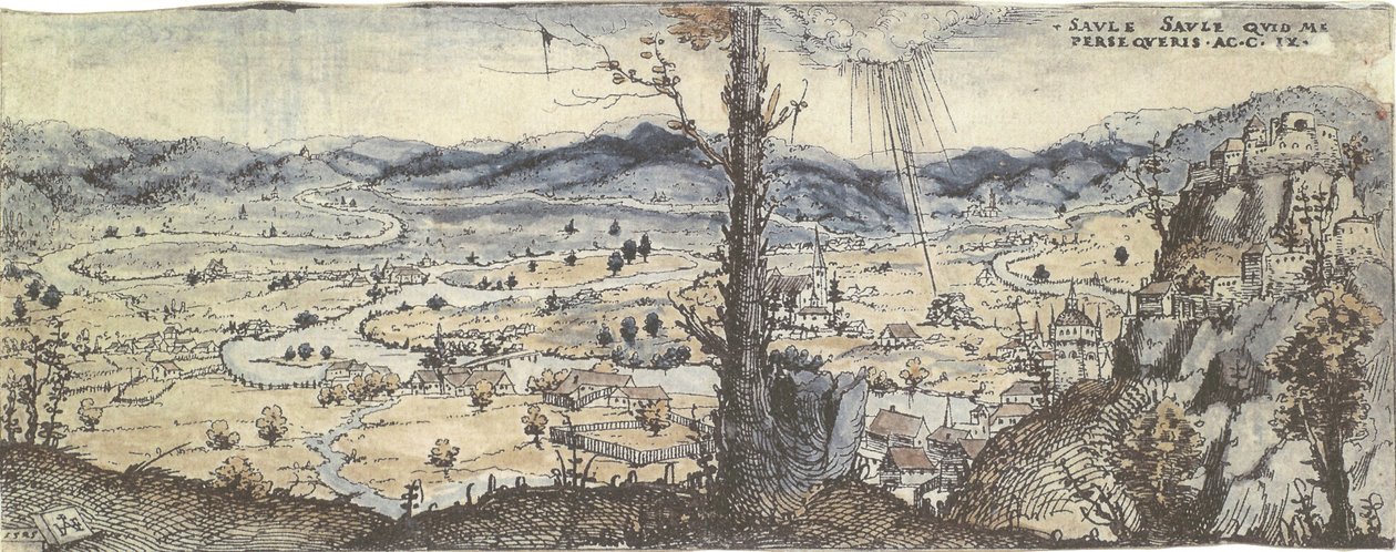Paysage vaste traversé par une rivière. Au loin la conversion de Paul - Augustin Hirschvogel
