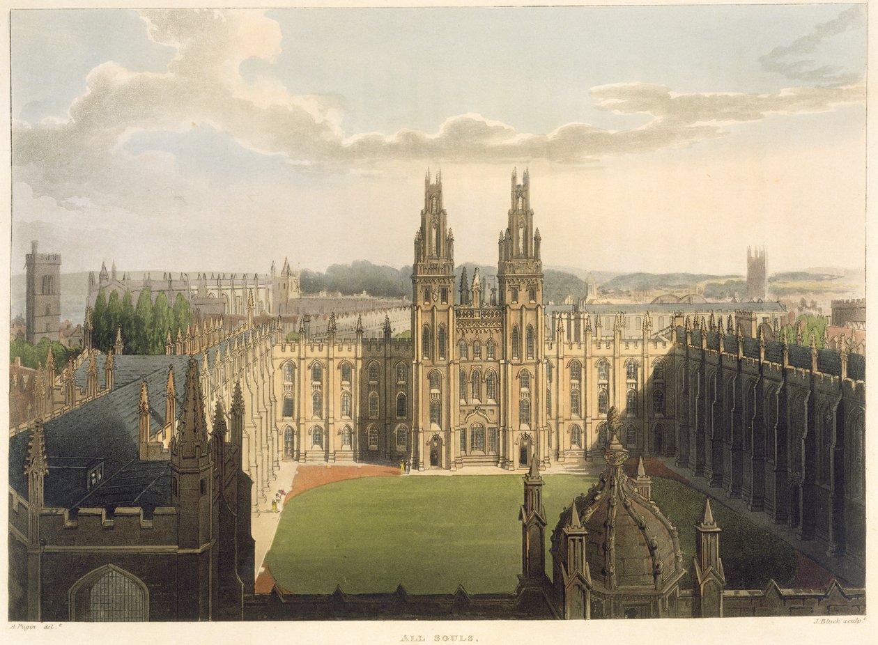 Vue extérieure de All Souls College, prise du sommet de la bibliothèque Radcliffe, illustration de 