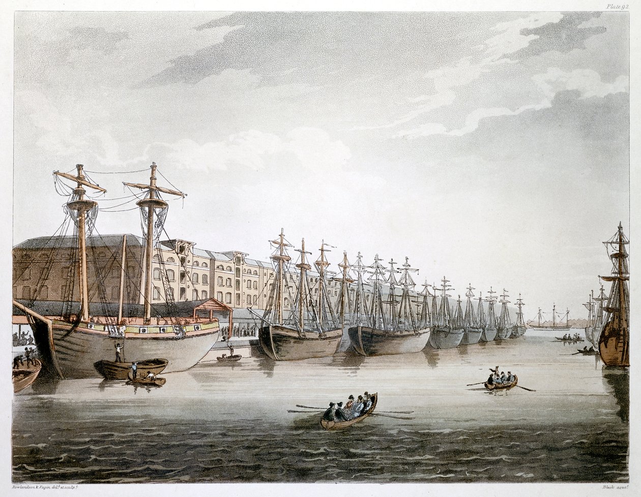 Docks des Indes occidentales, Londres, 1808-1810 - Augustus Charles Pugin, Thomas Rowlandson